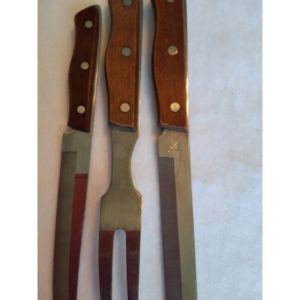 Vintage 3pc. Set Of Maxam Steel Carving Set W/ Wooden Handles Made In Japan GVC